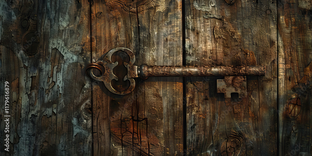 Ornate Skeleton Key on Weathered Wooden Surface Ornate Skeleton Key on Weathered Wooden Surface