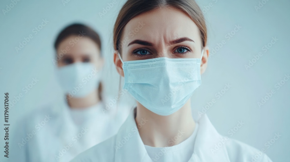 Focused surgeon and colleague in surgical masks in a sterile hospital setting with cool blue tones and ample empty space for text. Focused surgeon and colleague in surgical masks in a sterile hospital setting with cool blue tones and ample empty space for text.