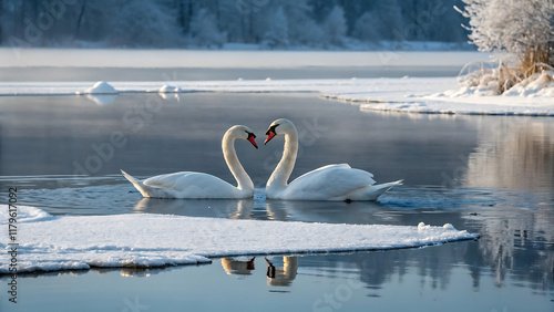 Fototapeta Naklejka Na Ścianę i Meble -  Close-up of two swans in heart shape on serene winter lake reflecting tranquility and harmony