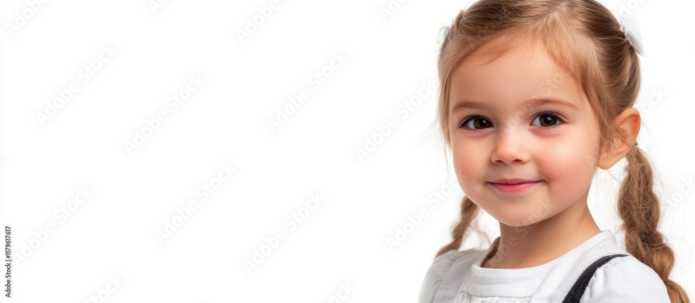 Close up portrait of a cheerful young girl with braided hair examining an object through a magnifying glass against a bright white background, ideal for educational themes Close up portrait of a cheerful young girl with braided hair examining an object through a magnifying glass against a bright white background, ideal for educational themes