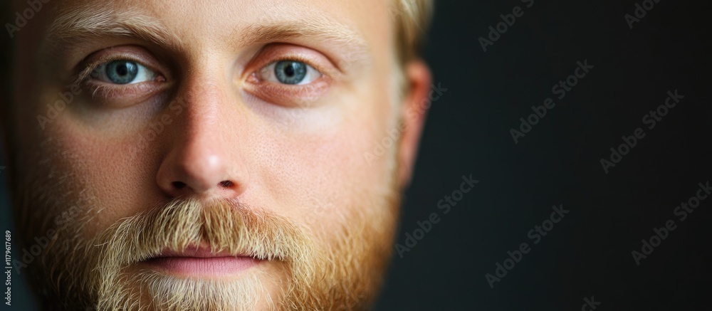 Fototapeta premium Close up portrait of a man with blonde beard and striking blue eyes against a dark background offering ample copyspace for text.