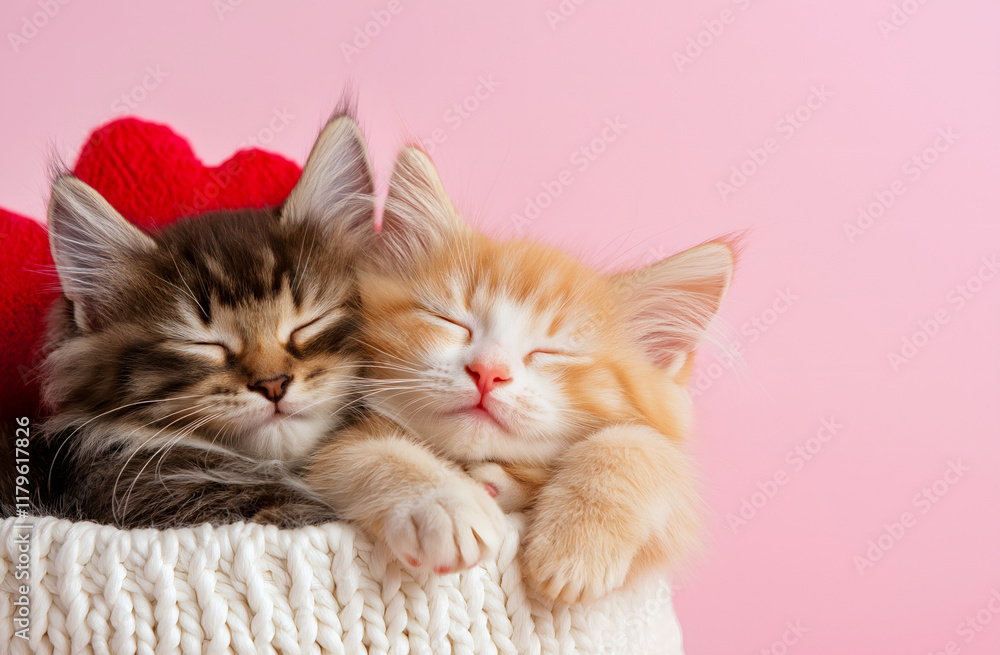 Two adorable kittens sleeping peacefully in cozy basket, surrounded by soft pink background. Their fur is fluffy and they exude sense of warmth and comfort Two adorable kittens sleeping peacefully in cozy basket, surrounded by soft pink background. Their fur is fluffy and they exude sense of warmth and comfort