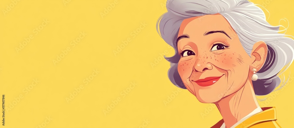 Smiling senior woman with silver hair and freckles in a bright yellow home setting with ample empty space for text and creative design elements Smiling senior woman with silver hair and freckles in a bright yellow home setting with ample empty space for text and creative design elements