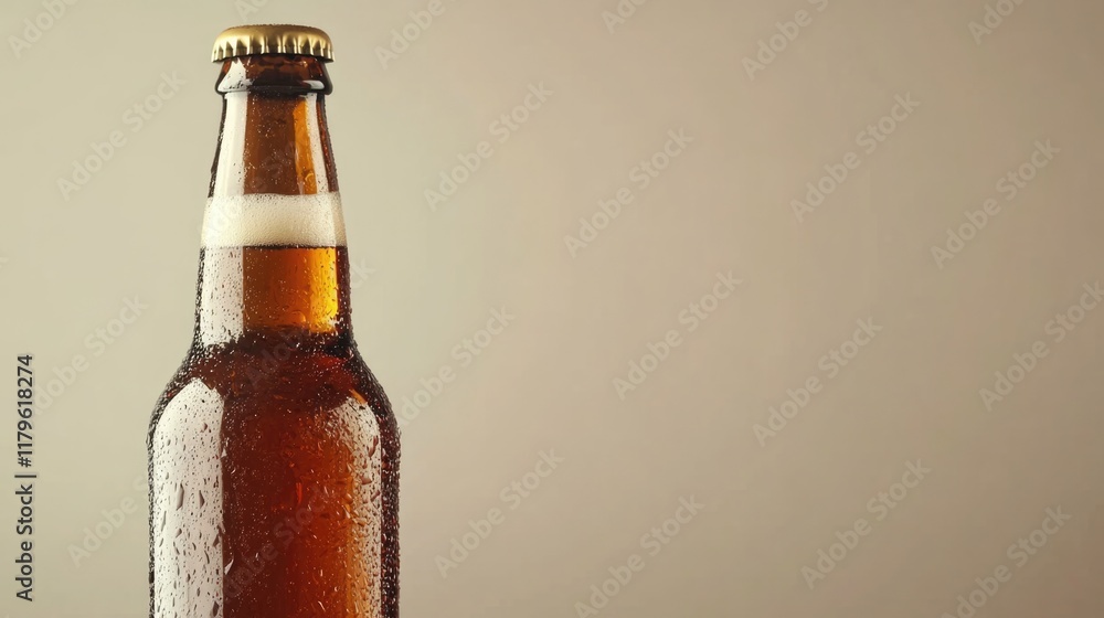 Craft Beer Bottle with Frosted Surface Against Soft Beige Background Featuring Empty Space for Custom Text and Celebration Theme