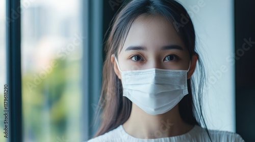 Asian woman wearing a facial mask while working from home during the Covid 19 pandemic, natural light from windows, modern indoor setting, focus on remote communication. photo