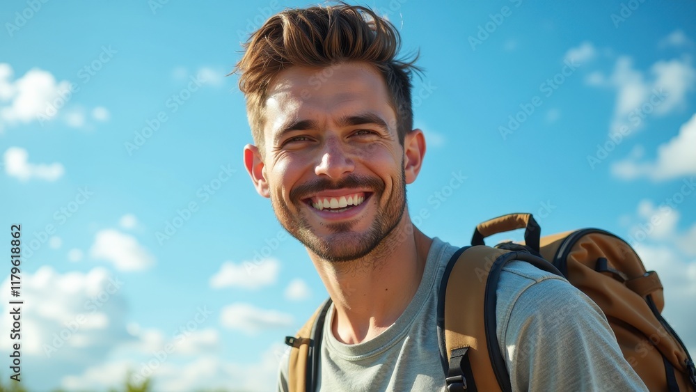 Naklejka premium A carefree young traveler, sporting a rugged beard and short hair, struts across a vast expanse of brilliant blue sky dotted with puffy white clouds, his trusty tan backpack slung casually over one sh