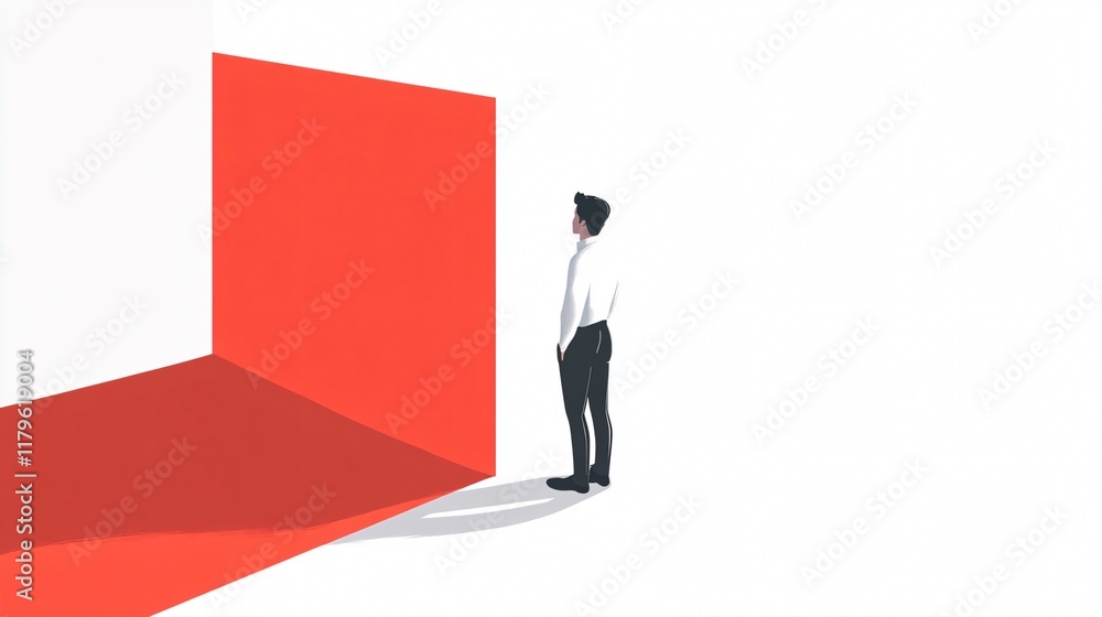 Fototapeta premium Man Contemplating by Red Wall - Abstract Art of Introspection and New Beginnings