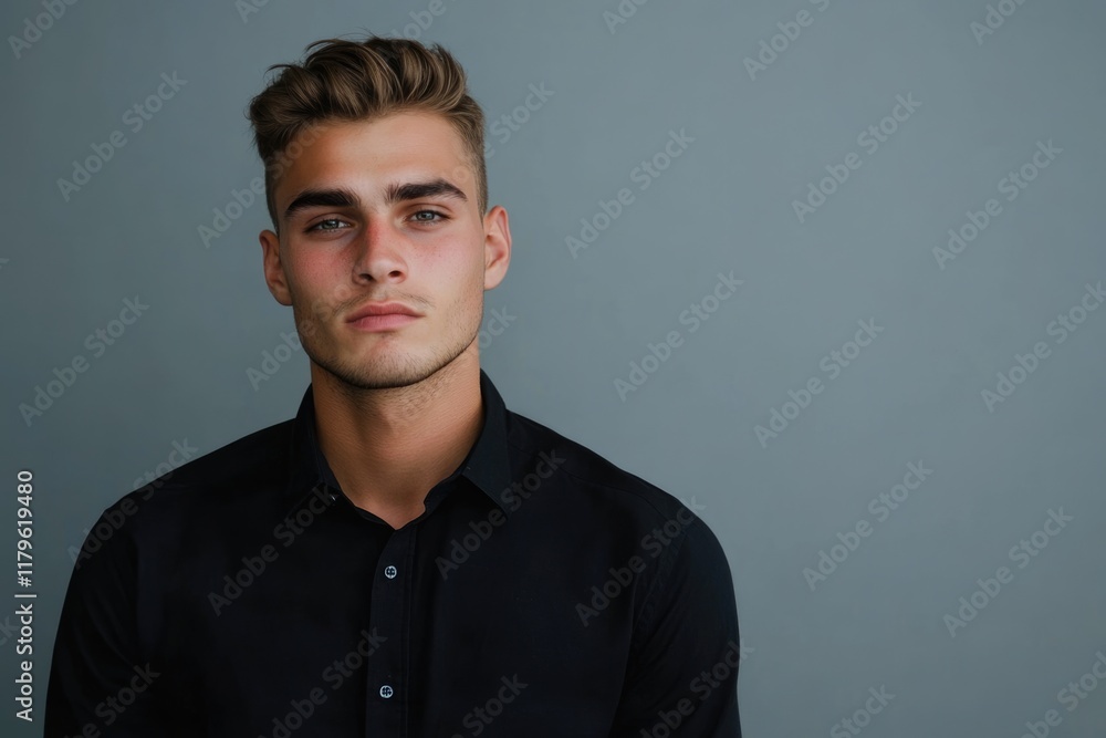 Handsome young man in a black shirt displaying a range of emotions on a soft gray background with ample negative space for text and design elements. Handsome young man in a black shirt displaying a range of emotions on a soft gray background with ample negative space for text and design elements.