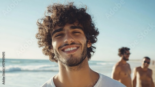 Joyful young man with curly hair smiling in foreground at sunny beach with friends in blurred background capturing carefree summer vibes and spacious sky