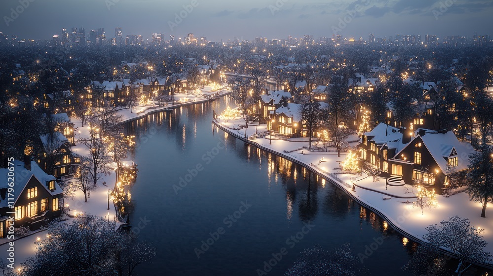 Fototapeta premium Snowy winter night aerial view of waterfront homes.