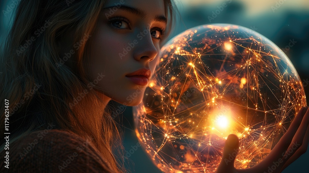 Naklejka premium A captivating young woman holds a glowing sphere that symbolizes digital connections, set in an enchanting atmosphere reflecting innovation and creativity in modern techn