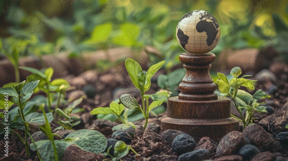 Global Growth: A Miniature World on a Wooden Pedestal Amidst Sprouting Plants Global Growth: A Miniature World on a Wooden Pedestal Amidst Sprouting Plants