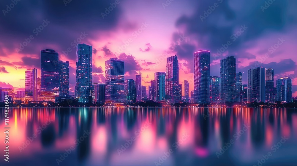 Fototapeta premium A stunning futuristic city skyline bathed in neon lights at dusk, showcasing the blend of technology and urban life through vibrant colors and digital effects.
