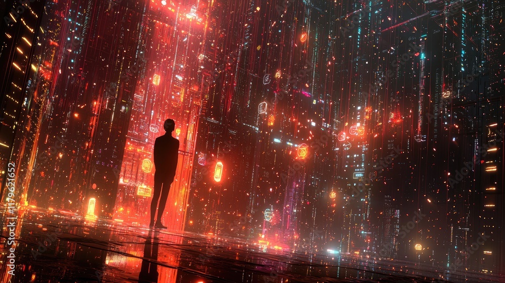 A contemplative individual stands in a modern server room, surrounded by glowing data streams and digital icons, symbolizing the convergence of technology and innovation A contemplative individual stands in a modern server room, surrounded by glowing data streams and digital icons, symbolizing the convergence of technology and innovation