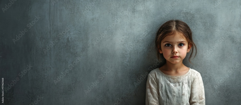 Sad little girl in soft light on grey textured background with ample empty space for text, evoking themes of orphanage and vulnerability. Sad little girl in soft light on grey textured background with ample empty space for text, evoking themes of orphanage and vulnerability.