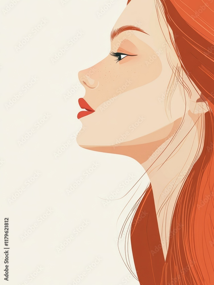 Elegant profile portrait of a red-haired woman on a soft cream background featuring ample empty space for text and design elements Elegant profile portrait of a red-haired woman on a soft cream background featuring ample empty space for text and design elements