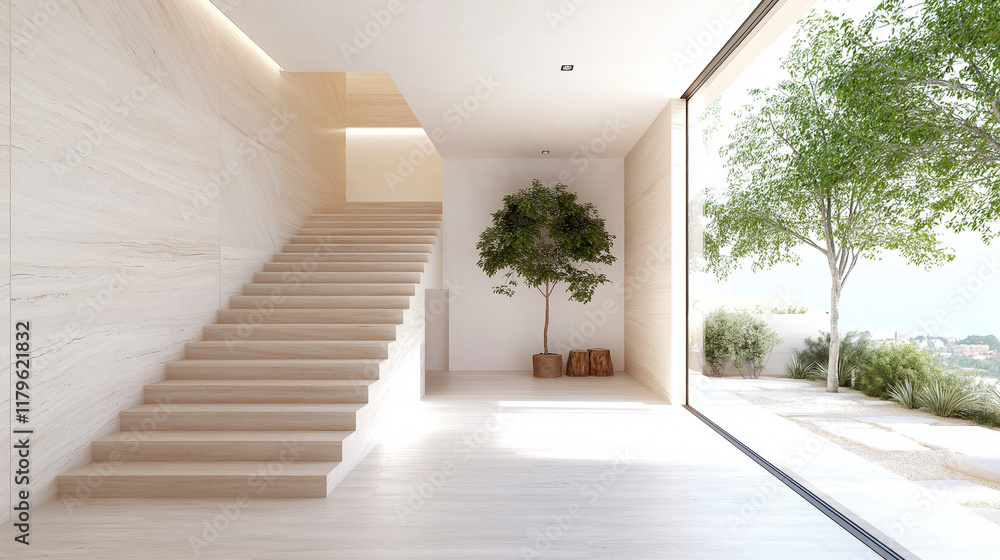 Fototapeta premium Modern Minimalist Entryway: A bright and airy minimalist entryway with a sleek staircase, wooden flooring, and a large window overlooking a lush green garden.