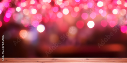 Empty wooden table in front of pink heat shape blurred valentine day light background for product display in a coffee shop, local market or bar photo