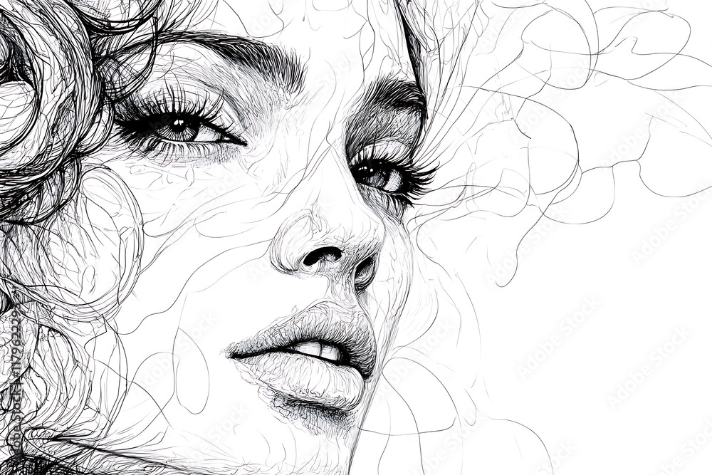Fototapeta premium Abstract portrait of a woman's face, intricate lines and geometric shapes.