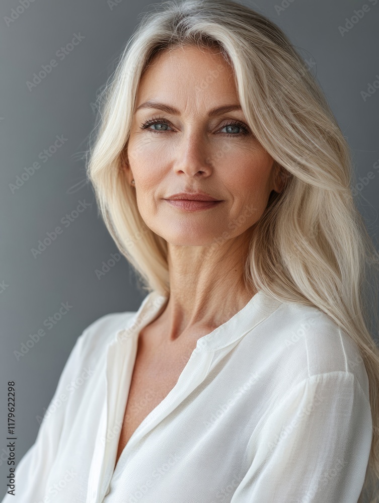 Fototapeta premium Portrait of an elegant middle-aged woman with long blonde hair, soft natural lighting, and a neutral gray background creating ample space for text