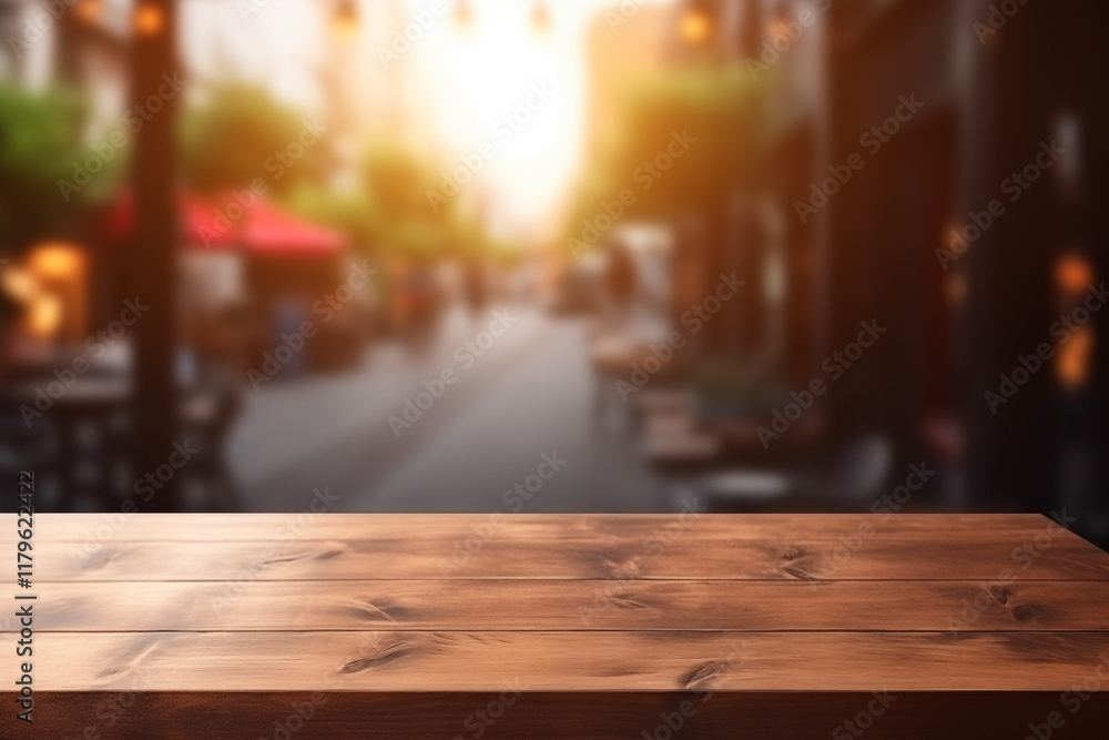 Empty wooden table in front of abstract blurred spring or summer background for product display in a coffee shop, local market or bar Empty wooden table in front of abstract blurred spring or summer background for product display in a coffee shop, local market or bar