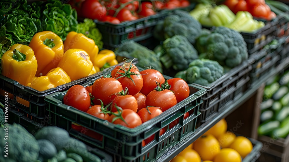 A vibrant display of fresh vegetables in baskets at a market. A vibrant display of fresh vegetables in baskets at a market.