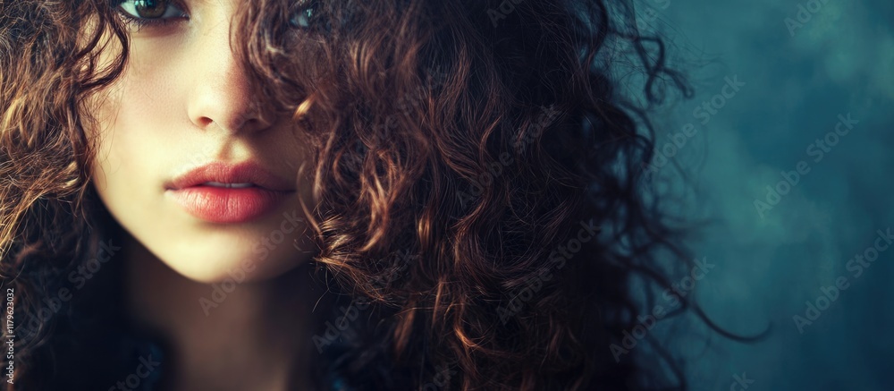 Fototapeta premium Fashion Portrait of a Beautiful Young Woman with Curly Hair, Soft Blue Background, and Large Empty Space for Text, Close-up View, Natural Lighting.