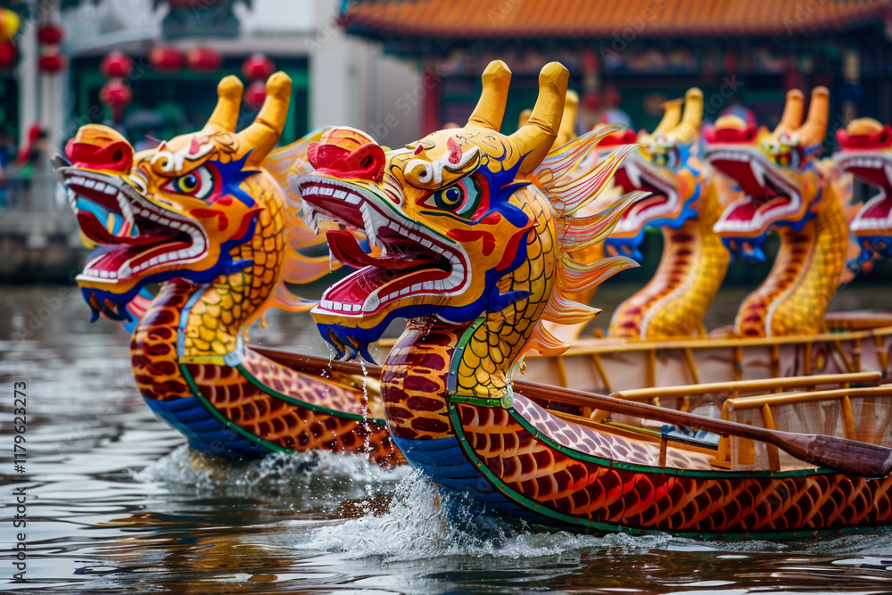 Obraz premium Beautiful holiday composition for happy celebrate chinese dragon boat festival, abstract vivid composition consists of fictional unreal fantastic vision on background