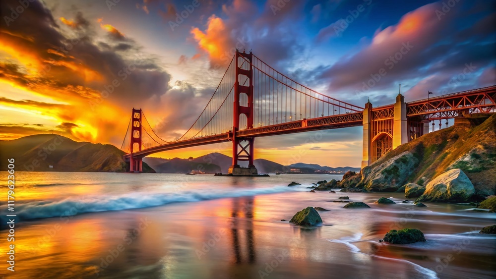 Fototapeta premium Golden Gate Bridge Sunset: Stunning Shoreline Landscape Photography