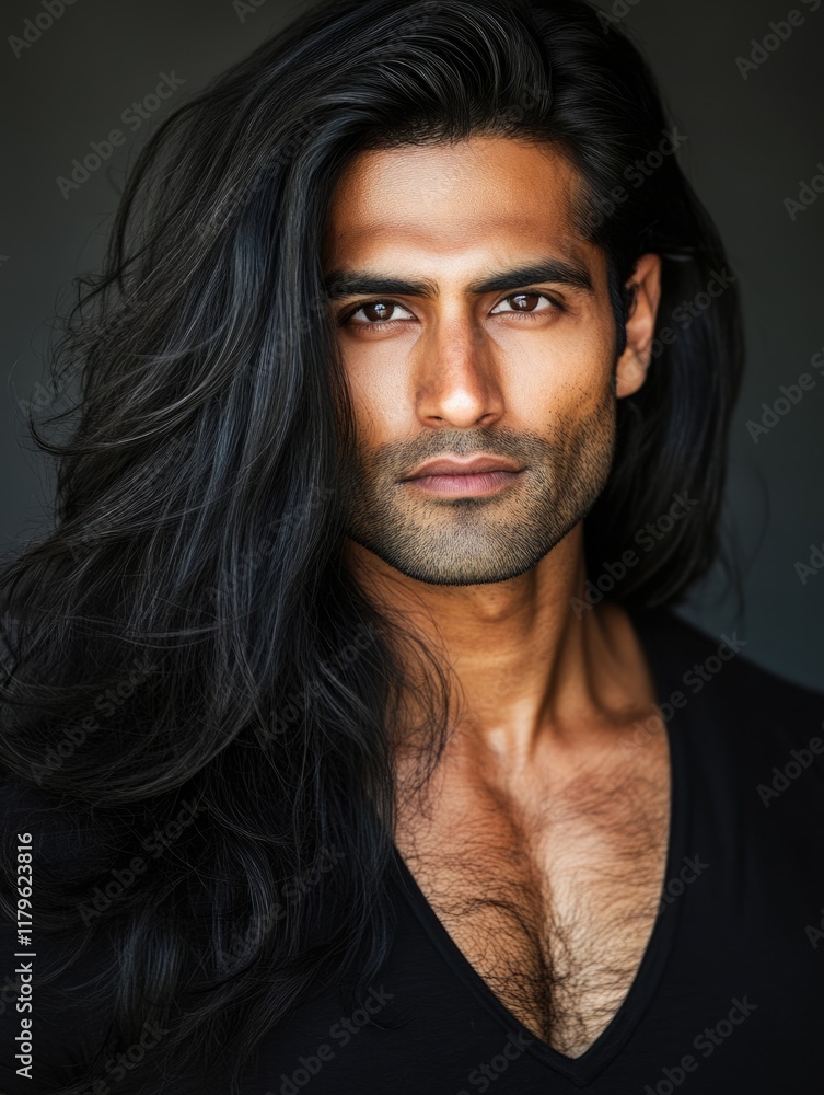Fototapeta premium Indian man with long black hair in studio setting with dramatic lighting and neutral background offering ample copyspace for promotional text.