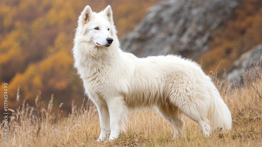 Elegant white sheepdog from Beauce standing in golden autumn grasslands, with a blurred rocky background and ample empty space for text. Elegant white sheepdog from Beauce standing in golden autumn grasslands, with a blurred rocky background and ample empty space for text.