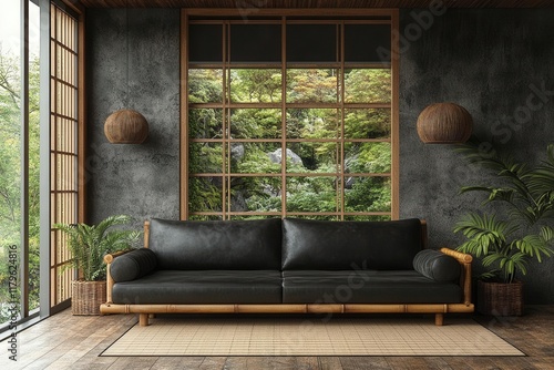 minimalist japaneseinspired living room with charcoal concrete walls black leather sofa and bamboo accent pieces in natural light photo