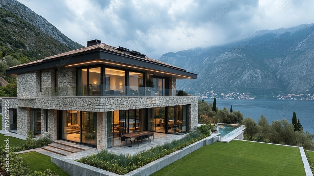 Stunning Modern Stone Villa with Panoramic Lake and Mountain Views. Exquisite Architectural Design. Luxurious Waterfront Property. Stunning Modern Stone Villa with Panoramic Lake and Mountain Views. Exquisite Architectural Design. Luxurious Waterfront Property.