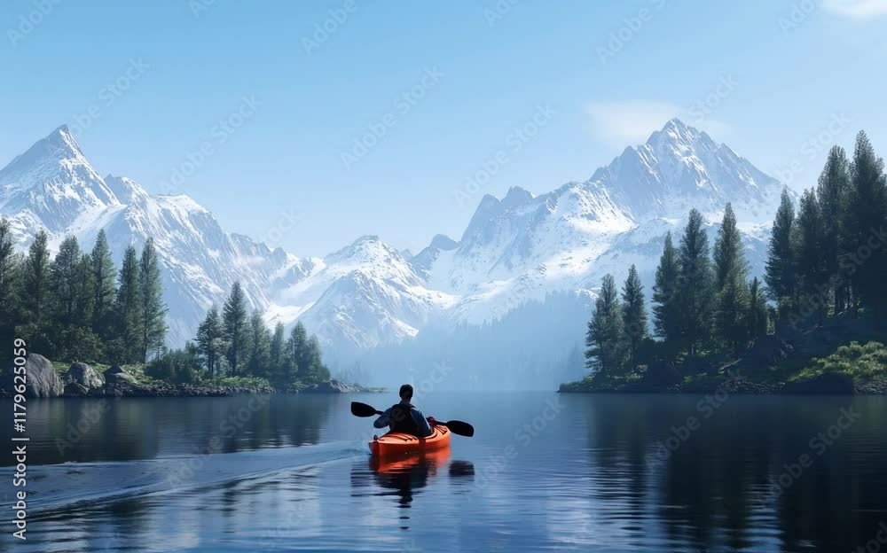 kayaking on the river,Kayaking Adventure, Snowy Mountain Lake View, Serene Nature kayaking on the river,Kayaking Adventure, Snowy Mountain Lake View, Serene Nature