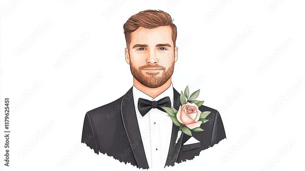 Romantic groom in tuxedo holding a rose boutonniere for valentine's wedding ceremony elegant indoor setting close-up viewpoint Romantic groom in tuxedo holding a rose boutonniere for valentine's wedding ceremony elegant indoor setting close-up viewpoint