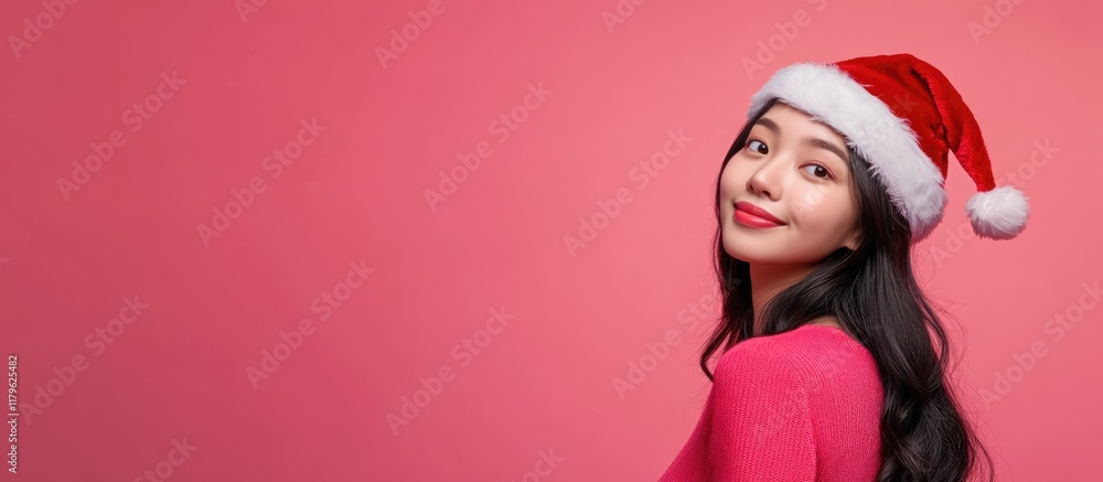 Asian woman in a Santa hat smiling against a vibrant pink background with ample copyspace for seasonal text or holiday promotions Asian woman in a Santa hat smiling against a vibrant pink background with ample copyspace for seasonal text or holiday promotions