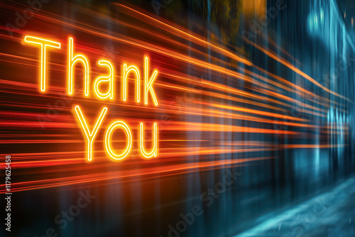 Thanks, thank you, gratitude concept bold glowing neon bright yellow serif text sign surrounded by dynamic streaks of orange light against a vibrant gradient background of deep sapphire blue.