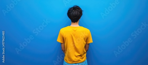 Young Asian LGBTQ man wearing a vibrant yellow shirt standing against a bright blue background, perfect for text overlay and conceptual themes of diversity. photo