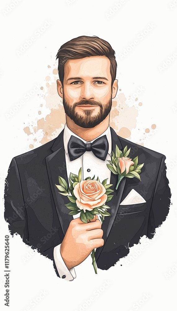 Valentine wedding celebration elegant tuxedo groom holding rose boutonniere romantic atmosphere portrait view love theme Valentine wedding celebration elegant tuxedo groom holding rose boutonniere romantic atmosphere portrait view love theme