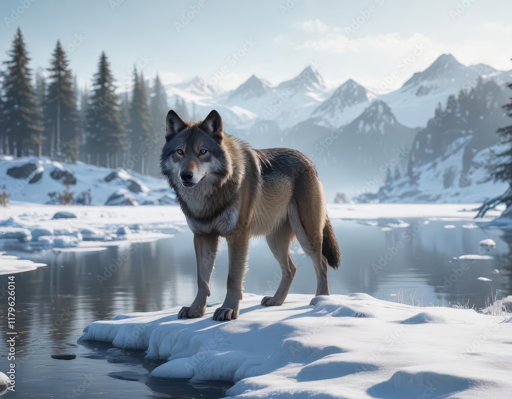 Naklejka premium Snowy landscape with a wolf standing on the edge of a frozen lake , winter, landscape