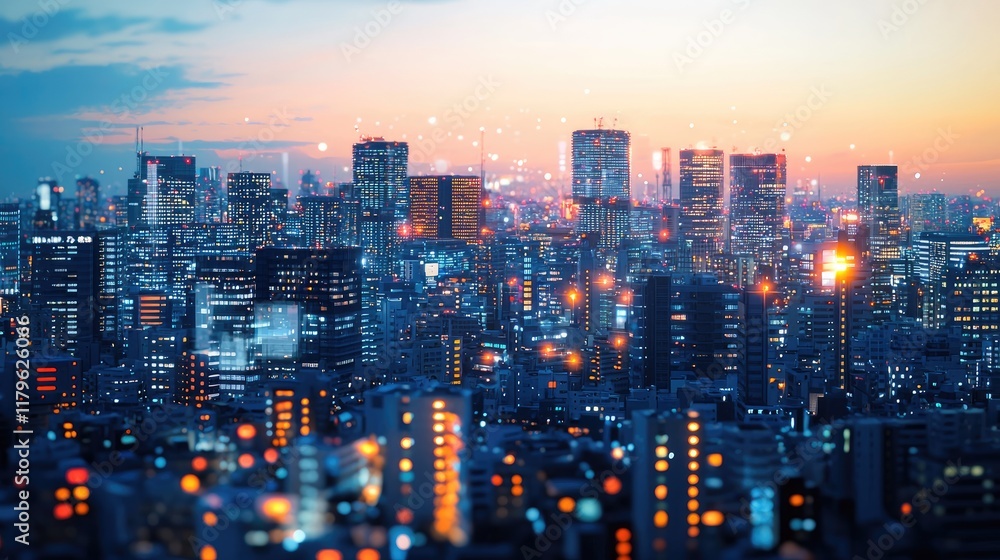 Fototapeta premium Futuristic City Skyline with Neon Lights and Digital Effects at Dusk, Capturing the Essence of Urban Technology and Innovation