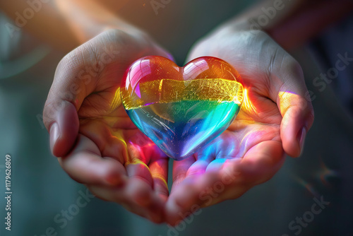 Wallpaper Mural Beautiful colorful decorative heart in strong human hands on bright color, abstract vivid composition consists of fictional unreal fantastic vision on background Torontodigital.ca