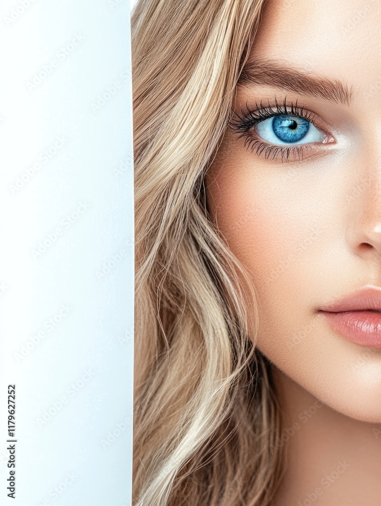 Obraz premium Close-up portrait of a stunning young blonde woman with striking blue eyes, featuring ample blank space on the left for text overlay, beauty, advertising, lifestyle imagery, portrait photography.