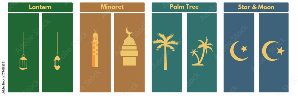 Islamic icons feature a lantern, minaret, palm tree, and star and crescent. Perfect for Ramadan, Eid, and Islamic designs. Islamic icons feature a lantern, minaret, palm tree, and star and crescent. Perfect for Ramadan, Eid, and Islamic designs.