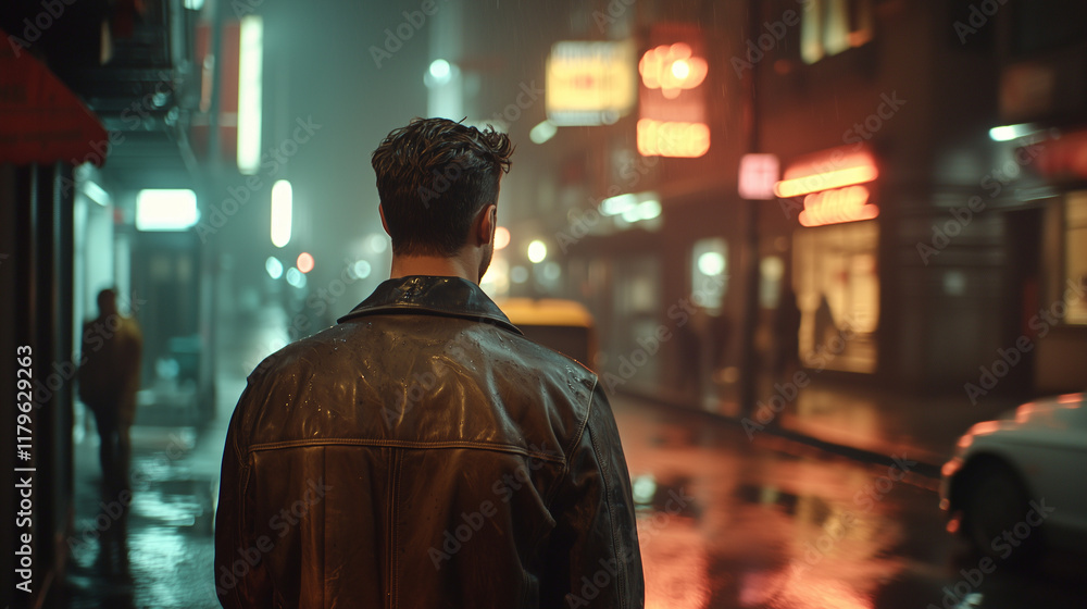 A close-up view of a rugged man from behind, broad shoulders wrapped in a worn leather jacket, texture-rich creases and scuffs catching the dim glow of a neon streetlight in a dark A close-up view of a rugged man from behind, broad shoulders wrapped in a worn leather jacket, texture-rich creases and scuffs catching the dim glow of a neon streetlight in a dark