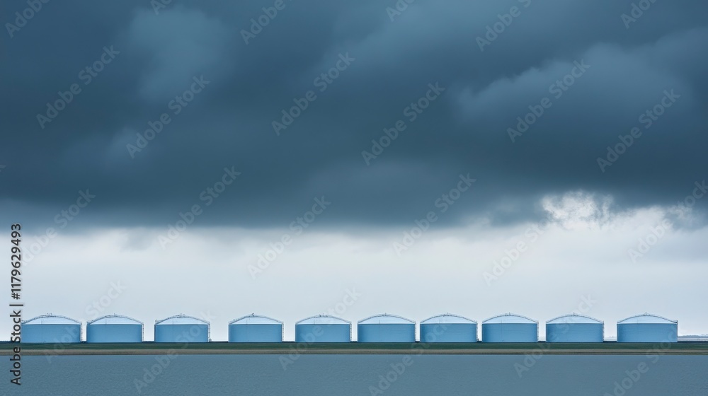 Serenity of Industrial Storage Tanks Against a Dramatic Overcast Sky: A Minimalist Perspective Highlighting the Contrast of Color and Form Serenity of Industrial Storage Tanks Against a Dramatic Overcast Sky: A Minimalist Perspective Highlighting the Contrast of Color and Form