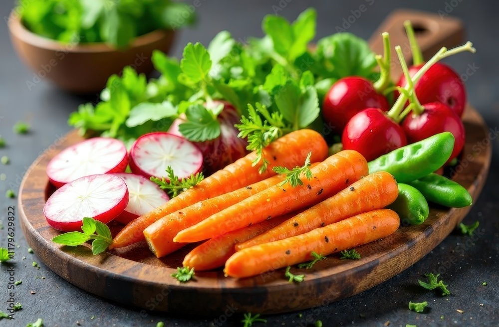 A spring-inspired vegetable platter with radishes, carrots, snap peas, and herbs A spring-inspired vegetable platter with radishes, carrots, snap peas, and herbs