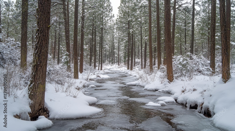 A peaceful winter forest blanketed in fresh snow, with a frozen creek winding through the base of towering pine trees. A peaceful winter forest blanketed in fresh snow, with a frozen creek winding through the base of towering pine trees.