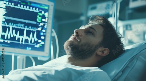 Male patient undergoing ECG procedure in hospital with green and blue monitor displays, providing ample empty space for medical text and heart health concepts. photo