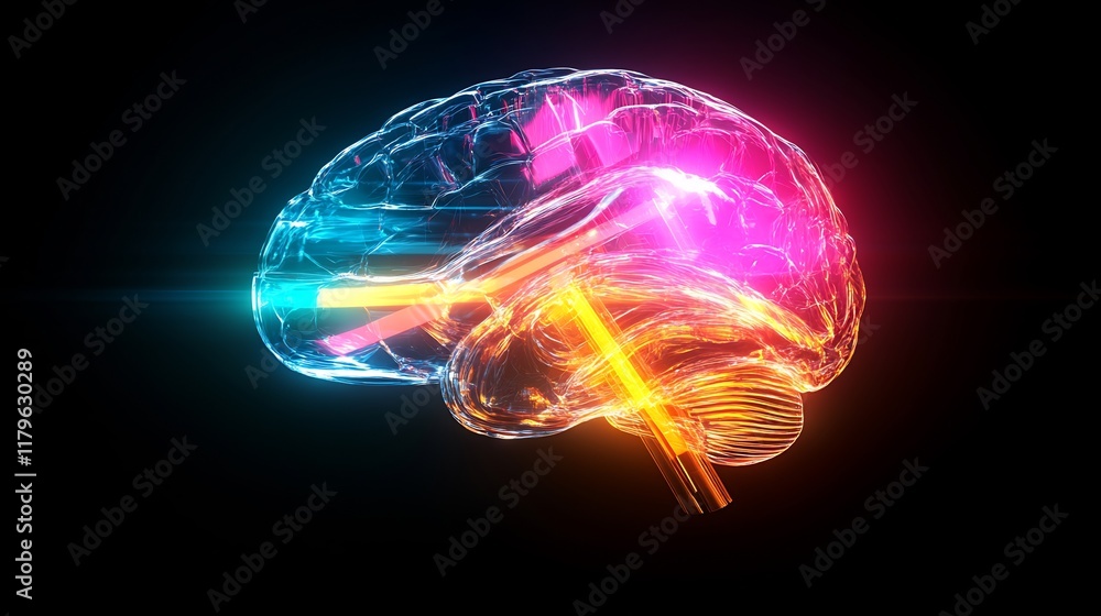 Vibrant 3D Render of a Glowing Human Brain: Neurological Connections Illustrated. AI Generated Vibrant 3D Render of a Glowing Human Brain: Neurological Connections Illustrated. AI Generated